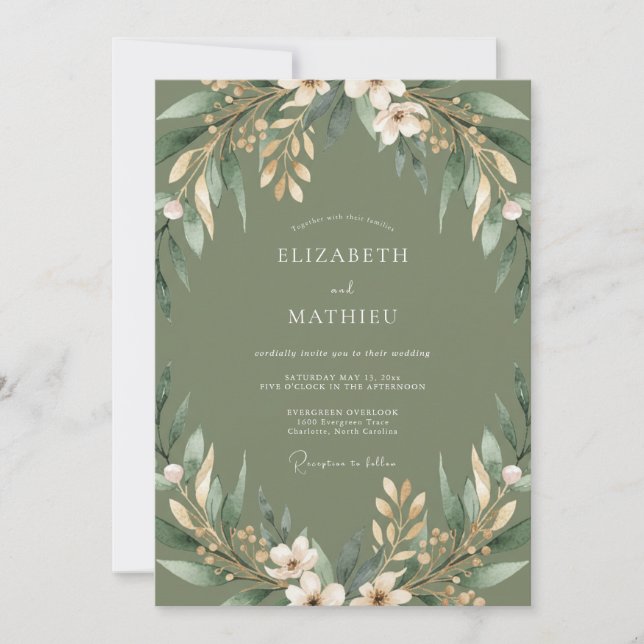Invitation Mariage Floraison Verte Sage (Devant)
