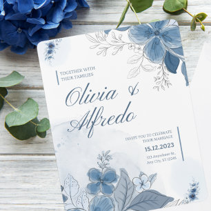 Invitation Mariage floral à aquarelle bleue