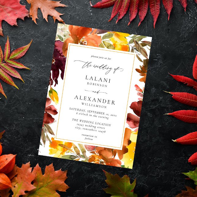 Invitation Mariage floral à automne orange et jaune -3 blanc (Créateur téléchargé)