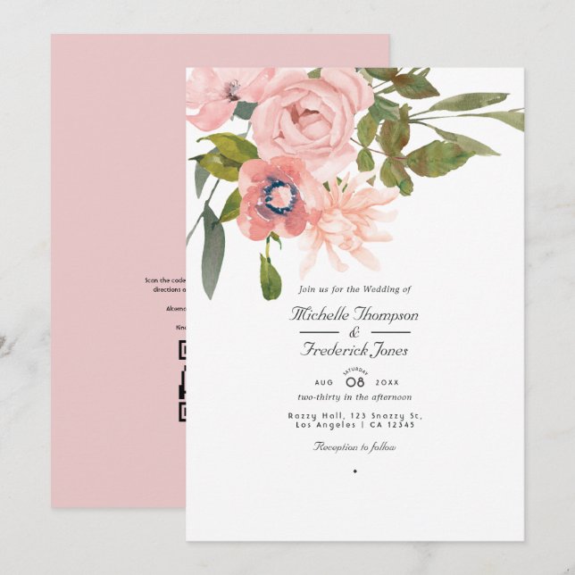 Invitation Mariage floral à code QR Rose Gold et rose tendre (Devant / Derrière)