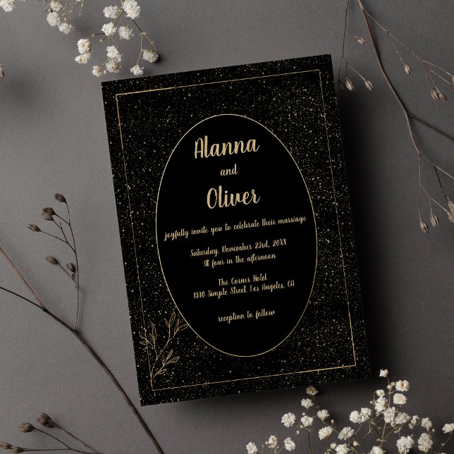 Invitation Mariage floral à confettis noir or classique (Classic black gold confetti floral Wedding )