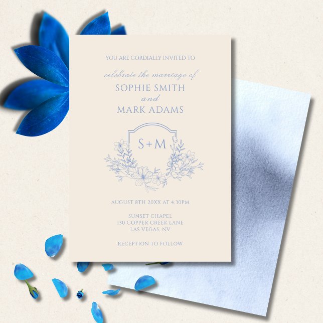 Invitation Mariage Floral à Crête Initiale Monogramme Minimal (Créateur téléchargé)