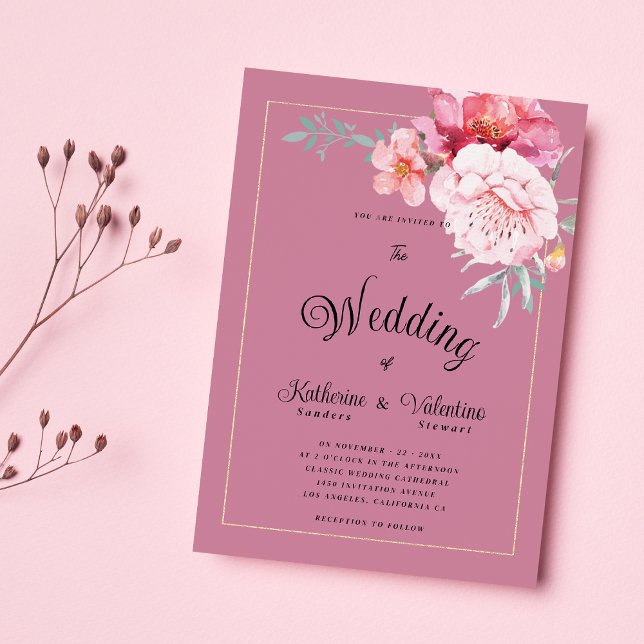 Invitation Mariage floral à écriture formelle de menthe rose  (Botanical pink mint formal script floral wedding )