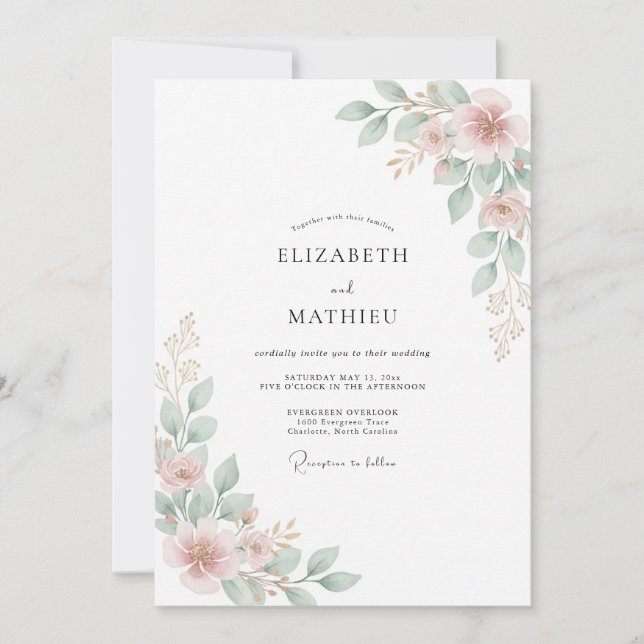 Invitation Mariage Floral à Fleur de Pêcher Rose (Devant)