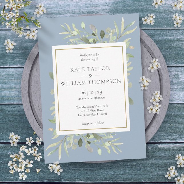 Invitation Mariage Floral à Foliage et Verdure Bleu Poussiére (Dusty Blue Greenery Foliage Floral Wedding Invitation)