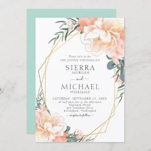 Invitation Mariage floral à la crème de pêche dorée verte à l