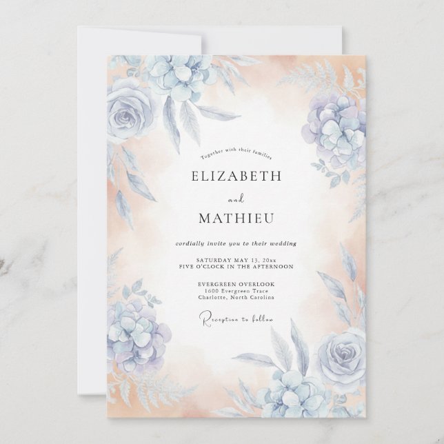 Invitation Mariage Floral à la Douce Murmure Bleu Ciel (Devant)