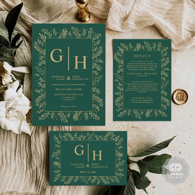 Invitation Mariage floral à la frontière verte de la Jungle f (Dark Jungle Green Gold Leaf Border Floral Wedding Invitation)