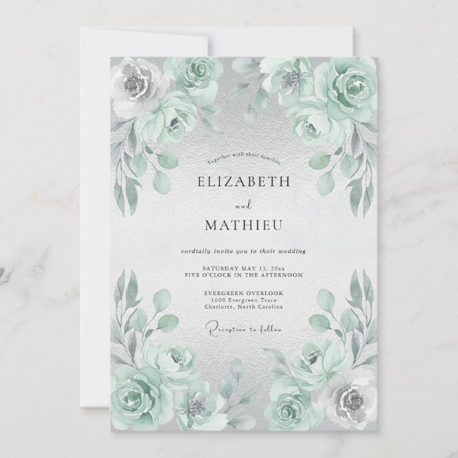 Invitation Mariage Floral à la Menthe (Devant)