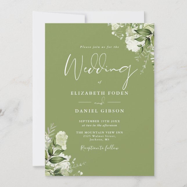 Invitation Mariage floral à la verdure verte mousse avec mono (Devant)