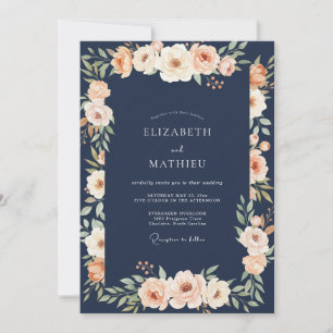 Invitation Mariage Floral à l'Abricot et au Bleu Marine Foncé