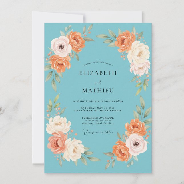 Invitation Mariage Floral à l'Aquarelle Bleu Clair et Pêche (Devant)