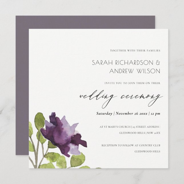 INVITATION MARIAGE FLORAL À L'AQUARELLE BLEU VIOLET ÉLÉGANT (Devant / Derrière)