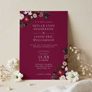 Invitation Mariage Floral à l'aquarelle Burgundy Élégant et M