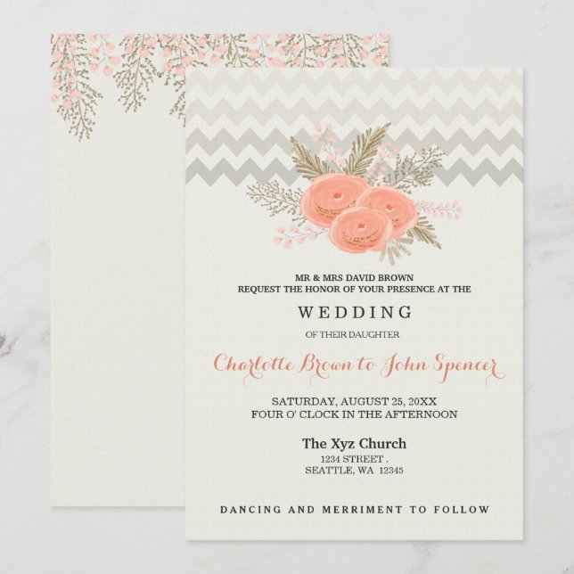 Invitation mariage floral à l'aquarelle or roux (Devant / Derrière)