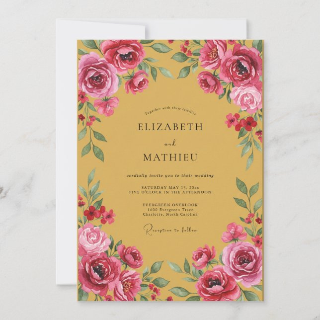 Invitation Mariage Floral à l'Aquarelle Rose Doré (Devant)