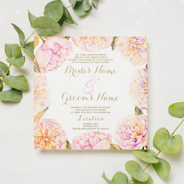 Invitation Mariage floral à l'aquarelle rose jaune d'été (Summer pink yellow watercolor peony floral Wedding )
