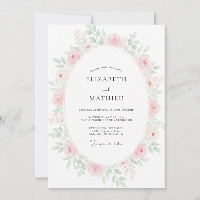 Invitation Mariage Floral à l'Aquarelle Rose Pâle (Devant)