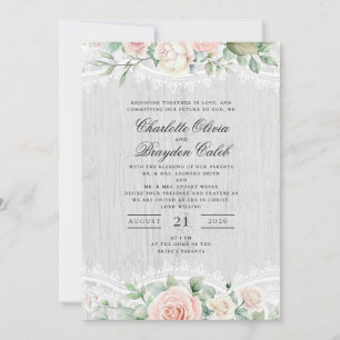 Invitation Mariage Floral à l'aquarelle Rose Pâle Rustique en