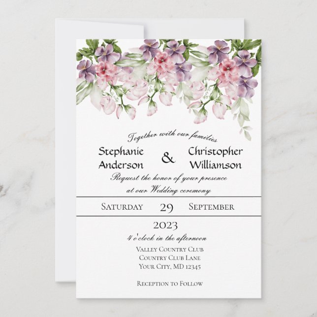 Invitation Mariage Floral à l'Aquarelle Rose Violet (Devant)