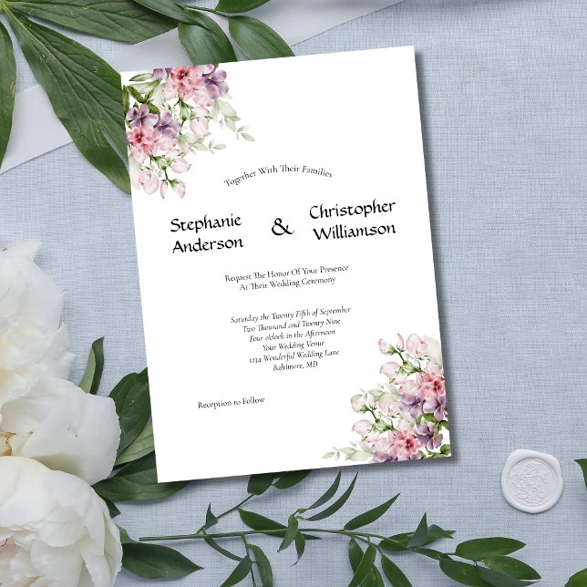 Invitation Mariage Floral à l'Aquarelle Rose Violet (Pink purple watercolor floral elegant formal wedding invitation. Printed or Instant digital download)