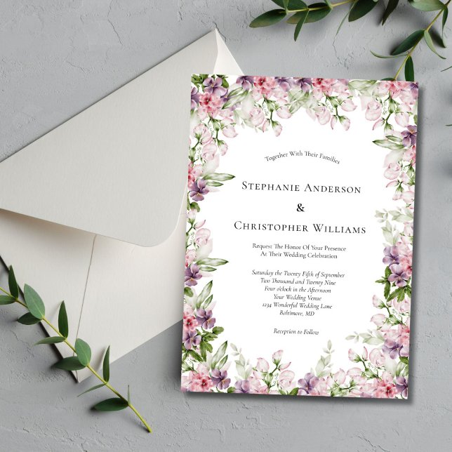 Invitation Mariage Floral à l'Aquarelle Rose Violet (Pink Purple Watercolor Floral Elegant Modern Wedding Invitation. Printed or Digital Download)