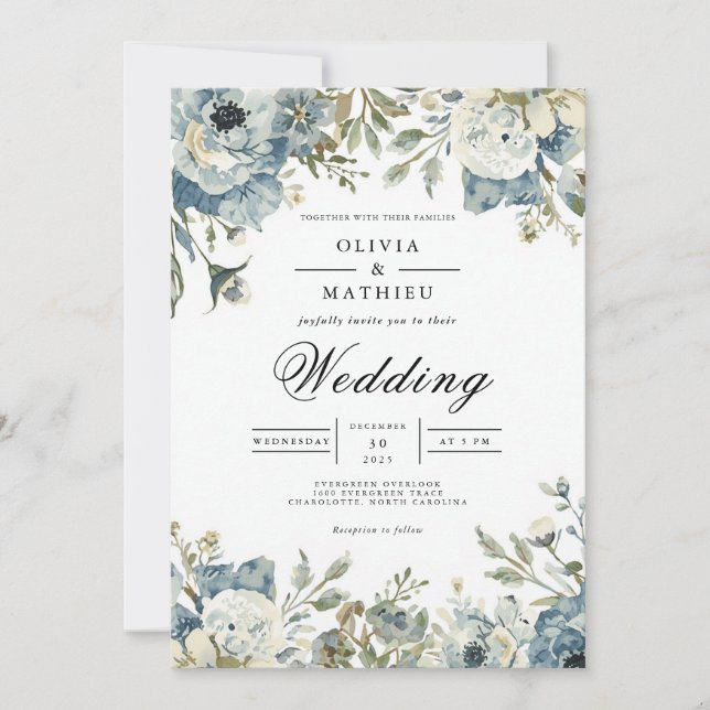 Invitation Mariage Floral à l'Arche Bleu Maussade (Devant)