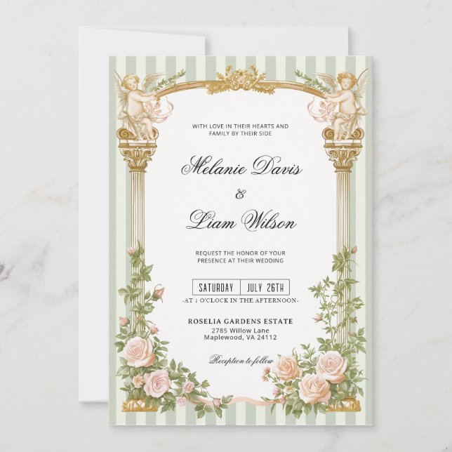 Invitation Mariage Floral à l'Arche de Cherub avec Rayure Ver (Devant)