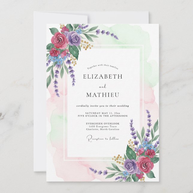 Invitation Mariage Floral à l'Arche de Lavande Violette (Devant)