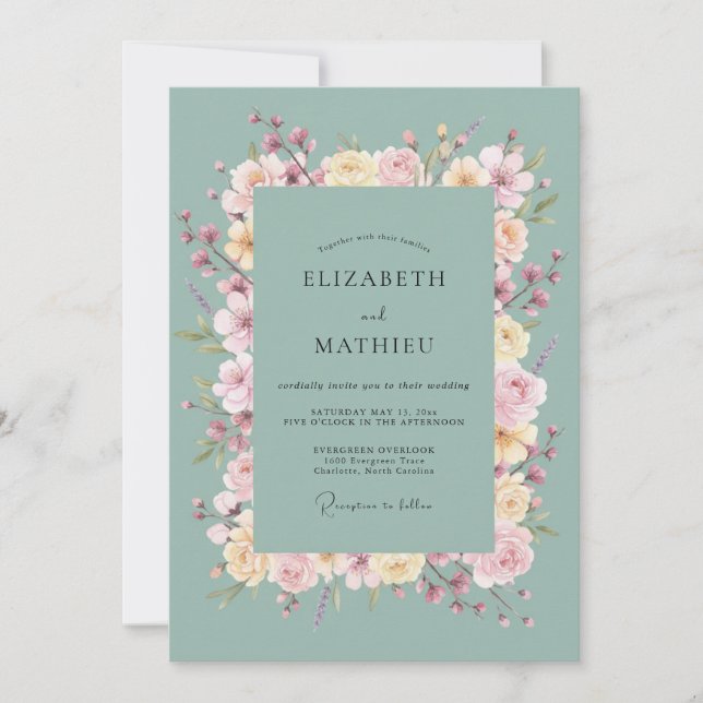 Invitation Mariage Floral à l'Arche de Menthe Rose (Devant)
