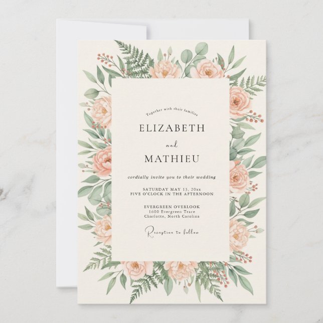 Invitation Mariage Floral à l'Arche de Pêche Crème (Devant)