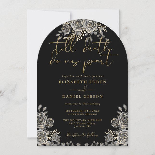 Invitation Mariage floral à l'arche de roses gothiques noir e (Devant)