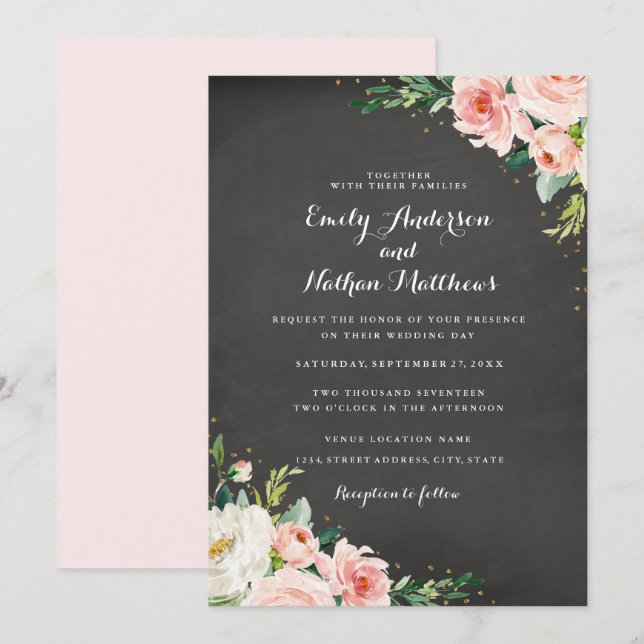 Invitation Mariage Floral à l'ardoise Blush Or (Devant / Derrière)