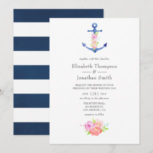 Invitation Mariage floral à thème nautique aquarelle