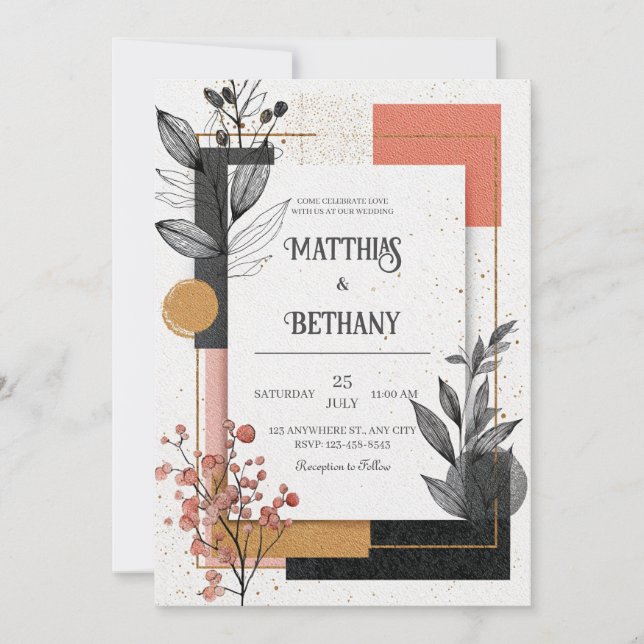 Invitation Mariage floral Abstrait en terre cuite et encre (Devant)