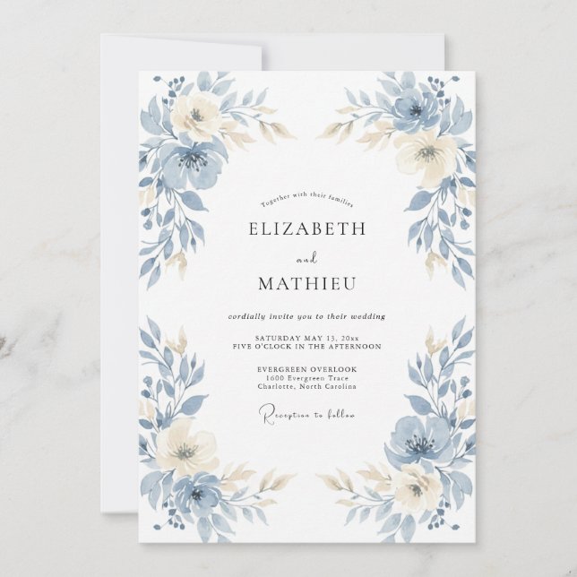 Invitation Mariage Floral Aérien Bleu Ardoise (Devant)