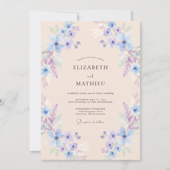 Invitation Mariage Floral Aérien Bleu Clair (Devant)