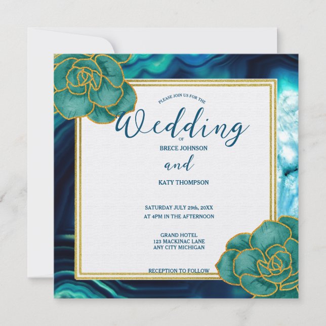 Invitation Mariage Floral Agate Bleu Sarcelle (Devant)