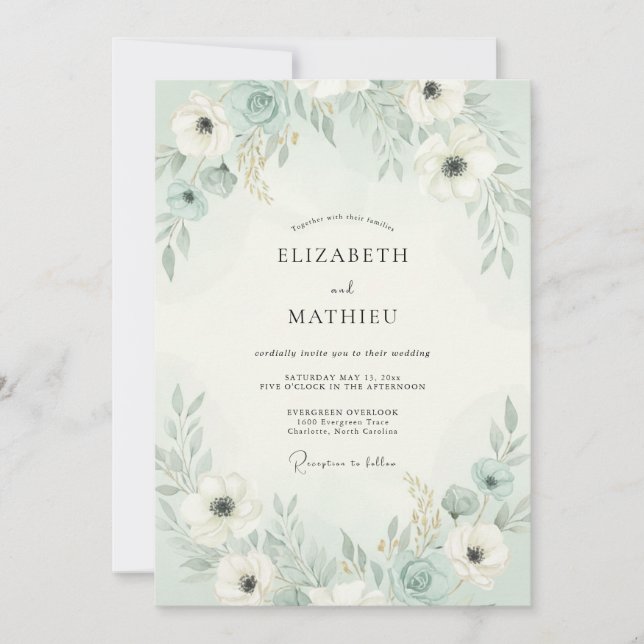 Invitation Mariage Floral Airy Vert Menthe (Devant)