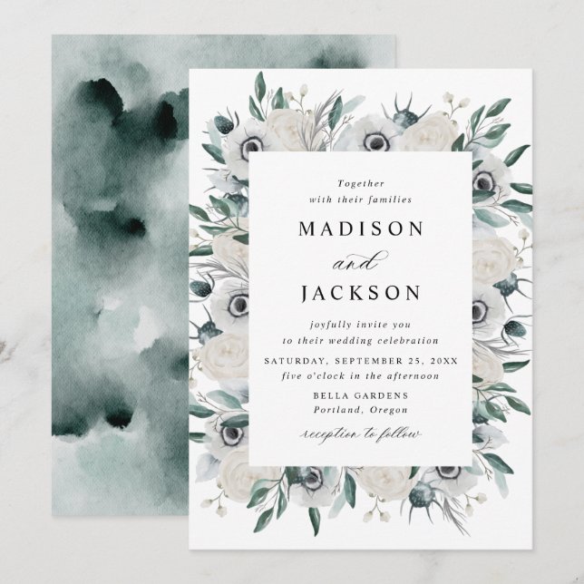 Invitation Mariage Floral Anémones Blanches et Roses (Devant / Derrière)