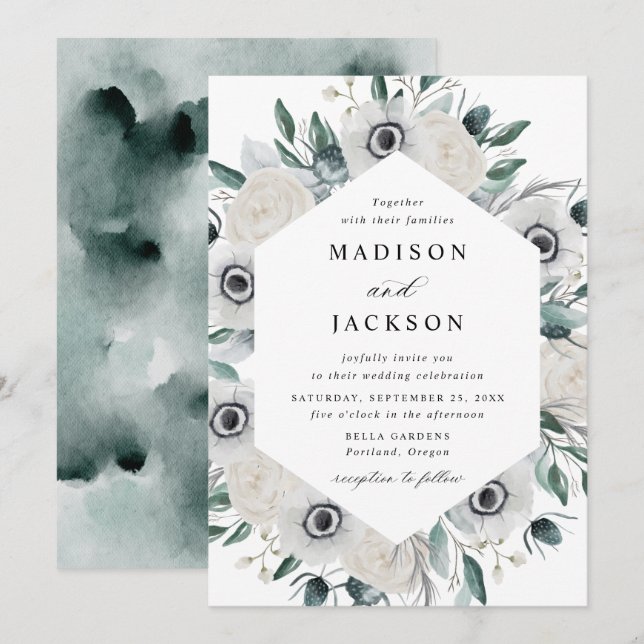 Invitation Mariage Floral Anémones Blanches et Roses (Devant / Derrière)