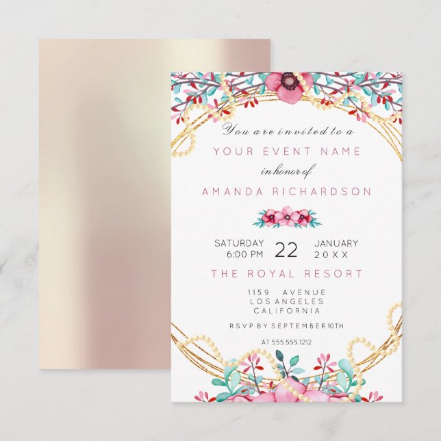Invitation Mariage Floral Anniversaire Or Rose Douce Perles (Devant / Derrière)