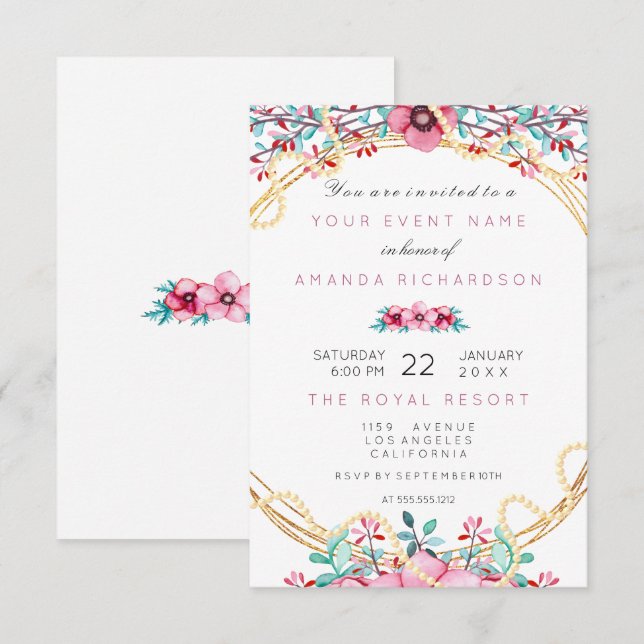 Invitation Mariage Floral Anniversaire Or Rose Perle Douce Bl (Devant / Derrière)