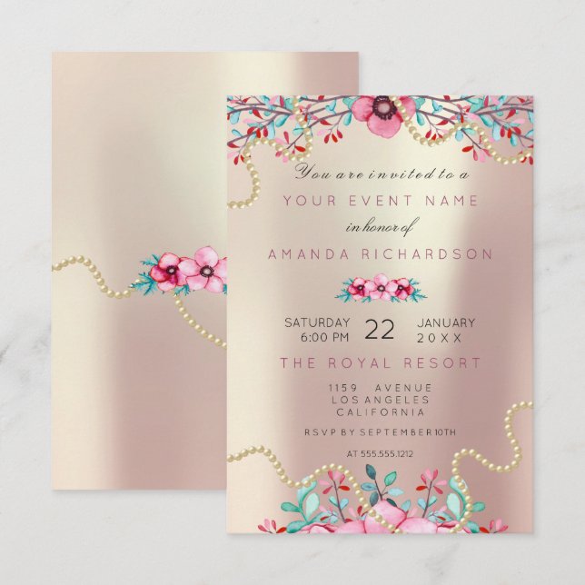 Invitation Mariage Floral Anniversaire Or Rose Perle Doux Gla (Devant / Derrière)