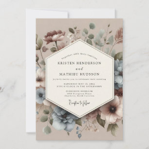 Invitation Mariage Floral Antique Bleu Poussiéreux