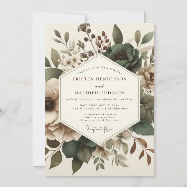 Invitation Mariage Floral Antique Olive (Devant)