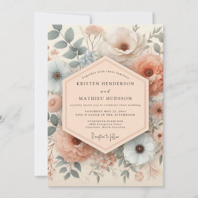 Invitation Mariage Floral Antique Rouge Clair & Ardoise (Devant)
