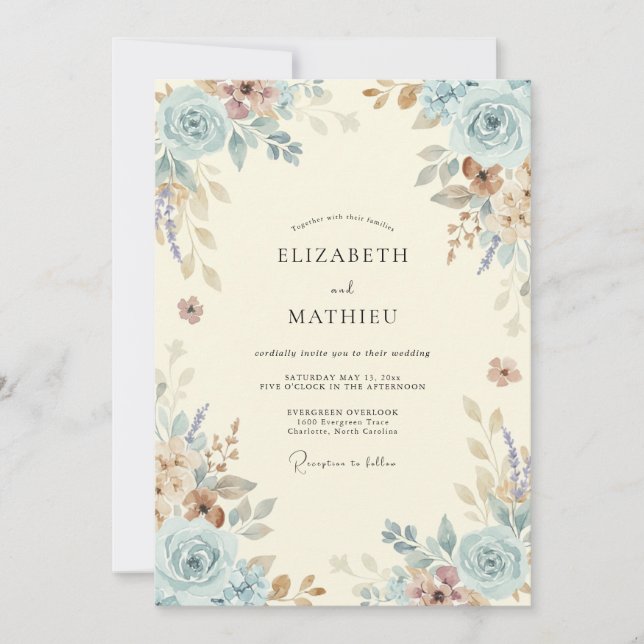 Invitation Mariage Floral Antiquité Bleu Clair (Devant)