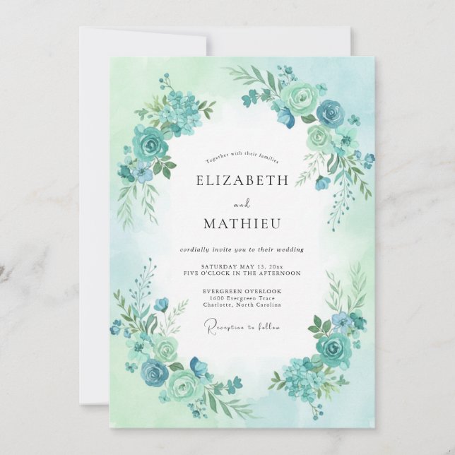Invitation Mariage Floral Aqua Blue Pristine (Devant)
