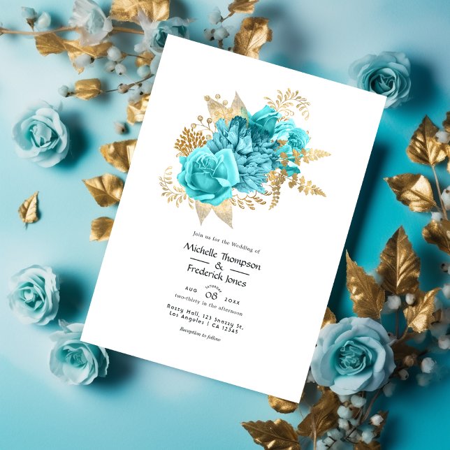 Invitation Mariage Floral Aqua et Gold (Créateur téléchargé)